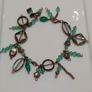 Handmade Green and Bronze Charm Bracelet -Glass & Crystal Beads 7.5"